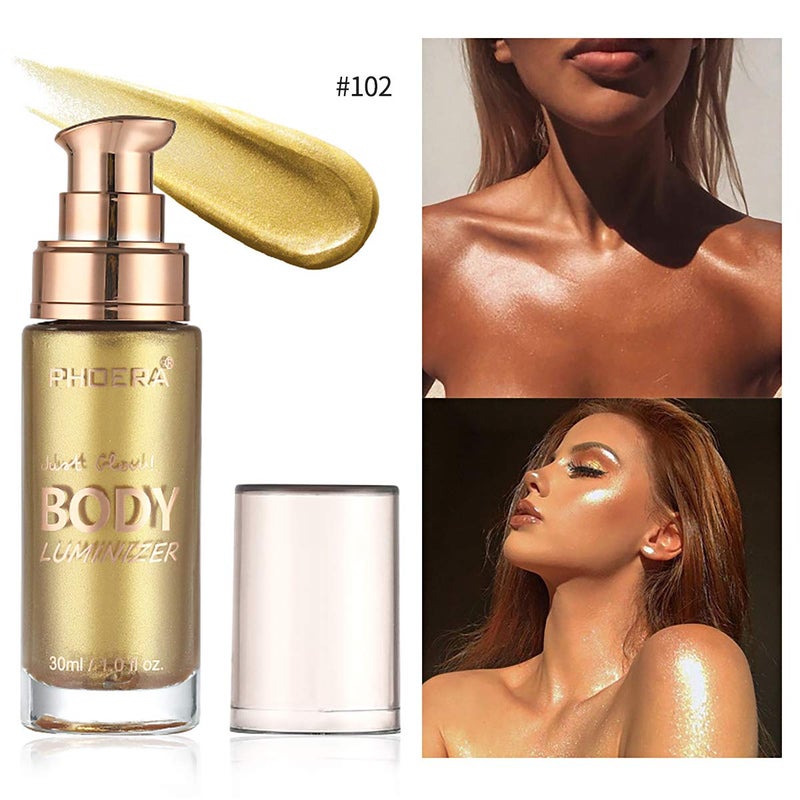 PHOERA High Gloss Waterproof Body Luminizer Glitter Face Shimmer Moisturizer Lotion Tan Cream Foundation Makeup Bronzer AQUAPURITY (102 Metallic Gold) - Image 3